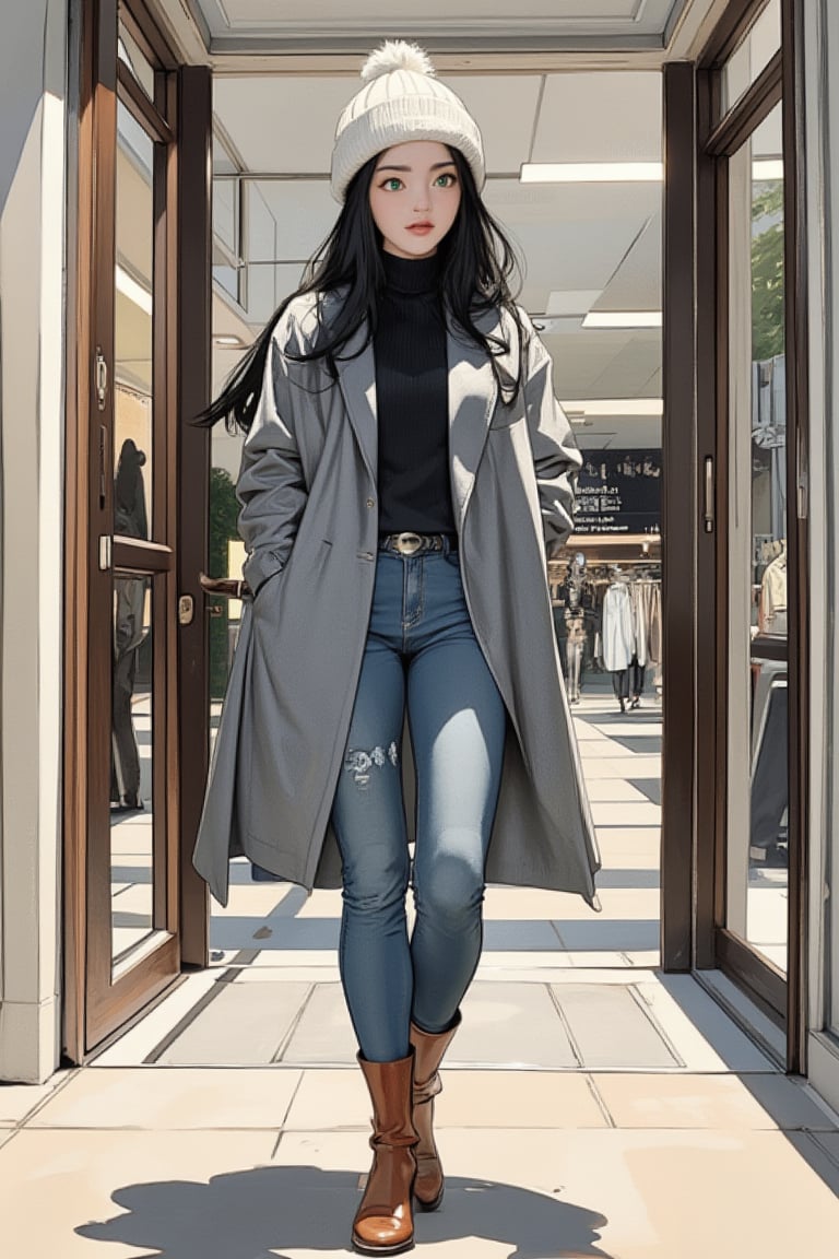 Masterpiece, high quality, 8K, high resolution, watercolor pencil style, beautiful hand-drawn illustration, beautiful woman, black long hair, green eyes, knit cap, grey cashmere coat, black turtleneck sweater, fashionable skinny jeans, faded, high-heeled boots, standing at the entrance of a shopping mall waiting for something or someone, everyday life style, contemporary, elegant, innocent, natural composition, Leonardo style.