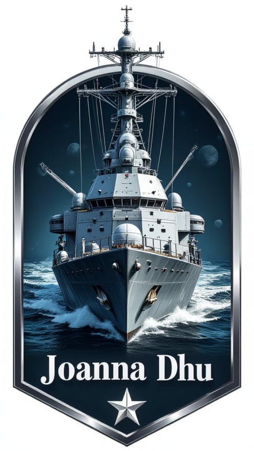 Logo badge. The design is a modern and fashionable logo with the American destroyer USS Jewart as its core. The destroyer Jewote should be stylized and dynamic, capturing the essence of speed and adventure. An elegant silver frame surrounds the destroyer USS Jewart and accentuates its shape. The text "Joanna Dhu" is added in a bold and stylish font below the destroyer Juvot or at the integration point, which complements the overall design. The color scheme should resonate with luxury, using silver prominently, and using contrasting colors to enhance visual appeal