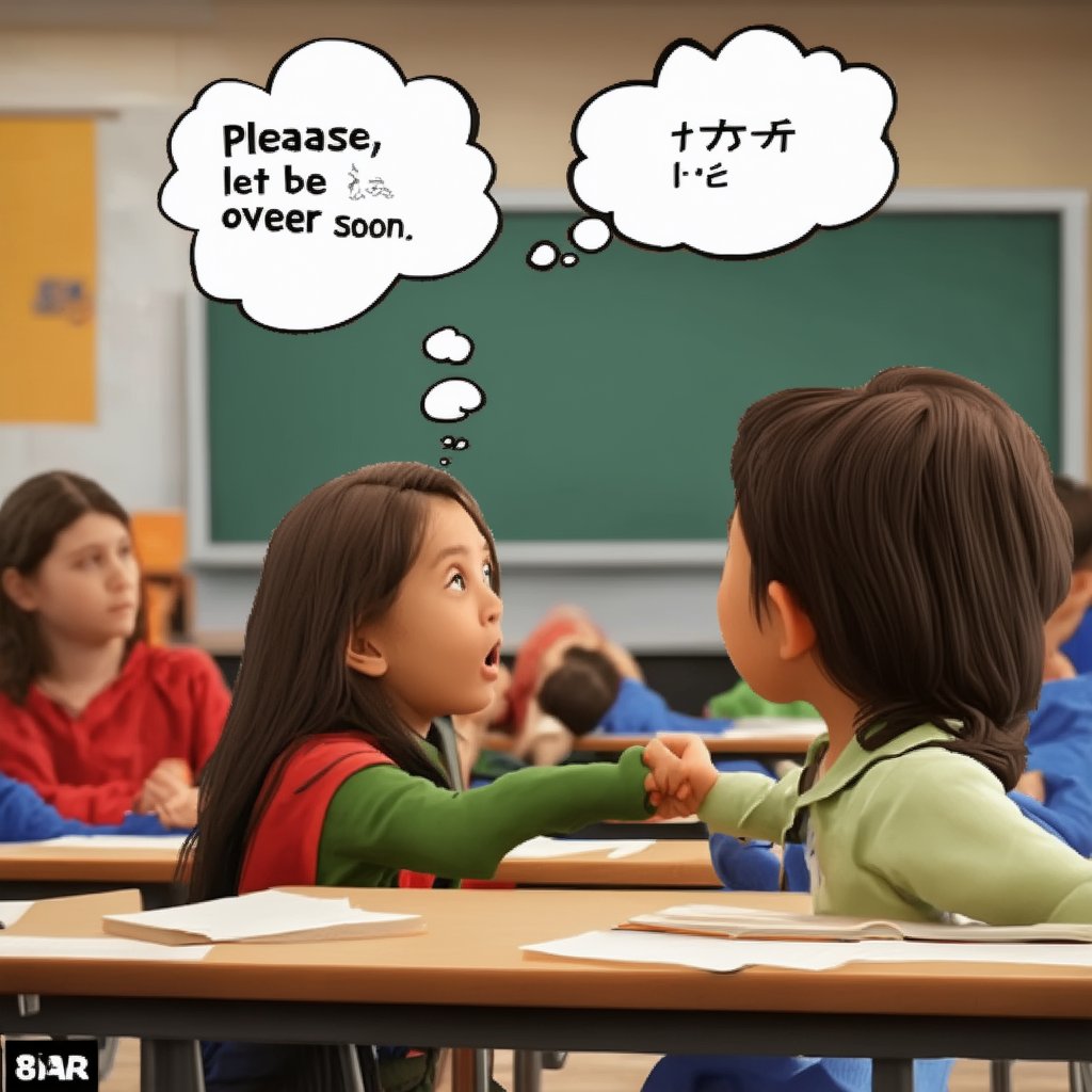 A stunning 8K HDR, 3D rendered scene capturing a girl in a classroom, her face showing surprise as she gazes at a comic-style thought bubble floating in the air above her, reading 拜託，快點下課 (Please, let it be over soon). The teacher is at the front, lecturing, while classmates are in the background. The girl's expression is one of astonishment, and a nearby classmate nudges her with an elbow, curious about her reaction. The scene is highly detailed, with realistic textures and lighting, capturing the moment with exceptional clarity and depth. The composition is dynamic, focusing on the girl's interaction with the thought bubble, creating a surreal and captivating classroom tableau.