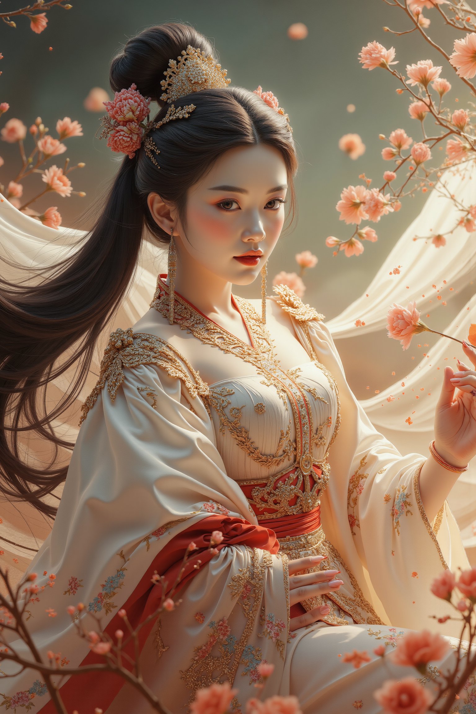 1girl, imagine an ancient Chinese goddess: the goddess Nuwa, wearing a gorgeous and beautiful Han Dynasty dress, and there is a fairy ribbon on her hand. The Hanfu all over her body floats naturally like a magic spell with fairy energy. The clothes she wore were not earthly clothes. They were made of heavenly materials and could not be found on earth. She used magic to make herself levitate in the air. She is very beautiful, even more beautiful than the angels in the West. She is an ancient Chinese goddess. Her face is very beautiful, and even the current Korean supermodels cannot compare to her. The clothes are decorated with intricate Chinese Hunan embroidery, floating gracefully in the air. She looks directly at the viewer with a beautiful smile that makes those who see her feel happy about her. Her clothes exude divine grace and power, and the rich colors and luxurious fabrics symbolize her divine status. As she travels through the void of space, the goddess embodies the timeless beauty and wisdom of the natural world, inspiring awe and reverence in all who see her. Super masterpiece.,wonder beauty