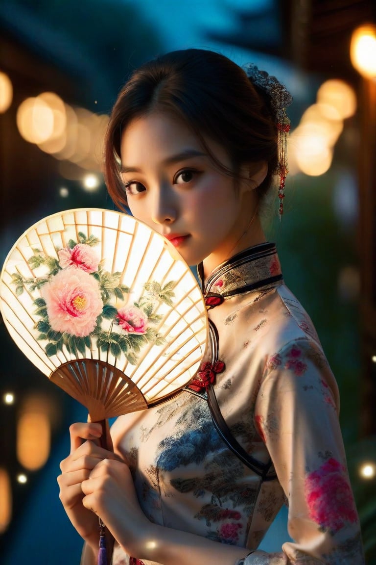 Professional photography: Alessio Albi, a Chinese girl who is more beautiful than a Korean female supermodel. The fan only covers her nose, revealing her beautiful big blue eyes, which are smart and lively, and her eyelashes are naturally long and dense. Peony pattern traditional cheongsam, exquisite Chinese round fan, silk fan surface, long bamboo fan handle body, very detailed details on the girl's face, holding round fan, long bamboo fan handle, Chinese calligraphy text written on the surface of the fan, among the stars In the night environment, nearby lights hint at the arrival of the festival. Highly detailed cinematic lighting, 8K resolution.
A superhuman masterpiece.
