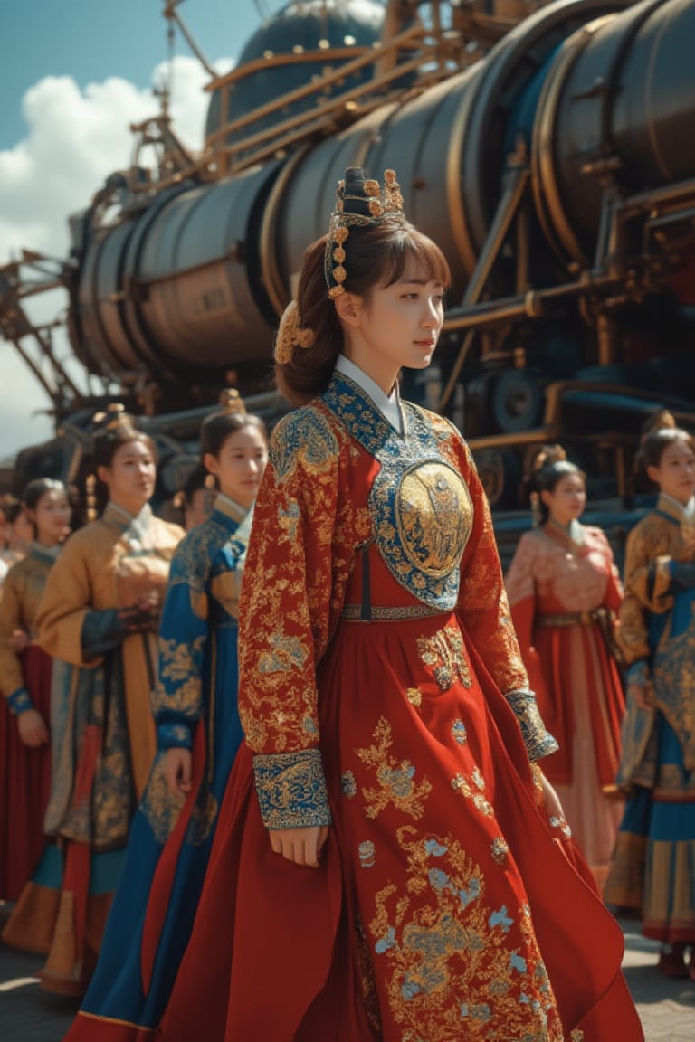 A breathtaking woman, more stunning than a Korean supermodel, in a traditional Korean hanbok adorned with intricate royal embroidery. She exudes dignified grace, followed by a group of attendants in elegant, patterned hanboks. Leading the procession, maids and concubines in traditional attire walk ahead. With a serene smile, she glances at the audience, poised to meet the Joseon king. The scene is set against a backdrop of a steampunk engine, blending historical and futuristic elements. Masterful light and shadow create a perfect, detailed work.