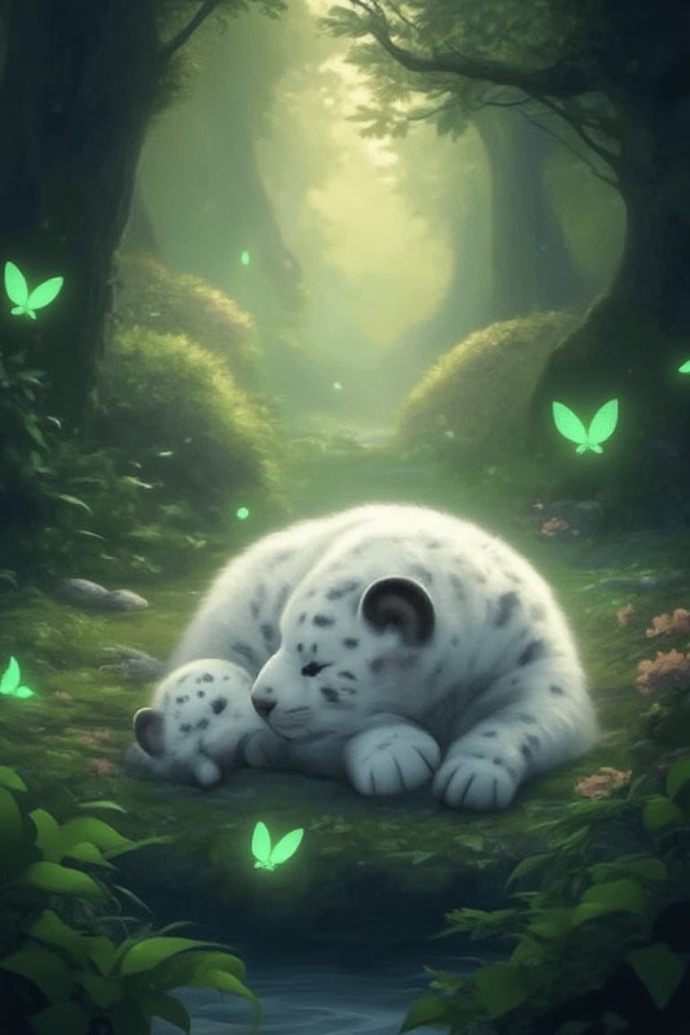 Ultra high definition illustration of a fluffy white panther cub sleeping in a magical forest, surrounded by beautiful trees and shrubs, by a riverside, with glowing butterflies and green glowing fireflies. Masterpiece, best image, best quality, ultra wide-angle shot, 8K UHD.