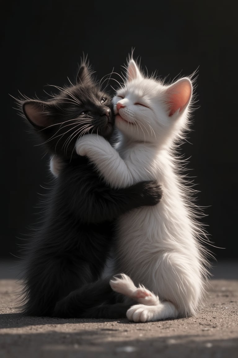 Funny animals, midway style, photorealism, cinematic style, high fidelity, realism, chiaroscuro, light play, light. A little black cat and a little white cat hug each other and play on the ground. Super love.