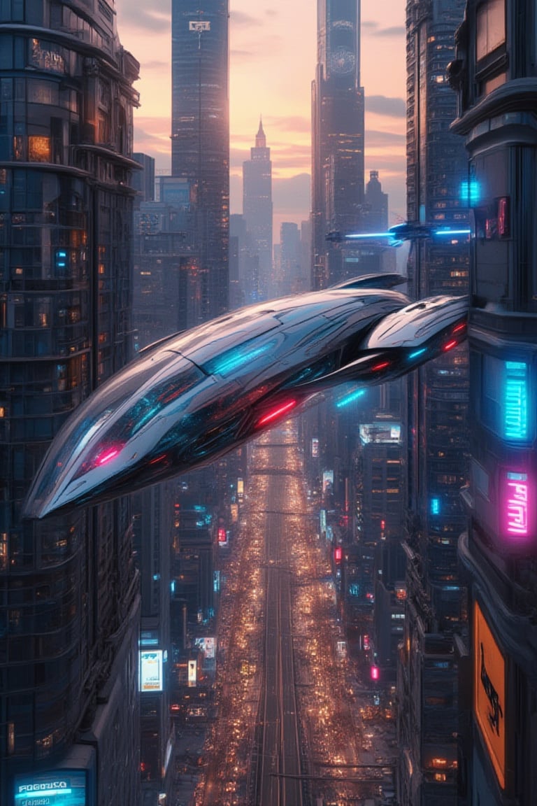 VR shot: Soar above a futuristic metropolis at dusk/futureurbanday or night/futureurbannight, where the cityscape unfurls in a 360-degree vista. The sprawling urban landscape stretches out, with sleek, levitating transportation pods gliding through the air. Vehicle details include glowing accents, iridescent hulls, and retractable wings. Building facades display vibrant neon hues, holographic advertisements, and gleaming metallic surfaces. Aerial traffic congestion forms a labyrinthine network of twinkling lights, weaving between towering skyscrapers and futuristic architecture.