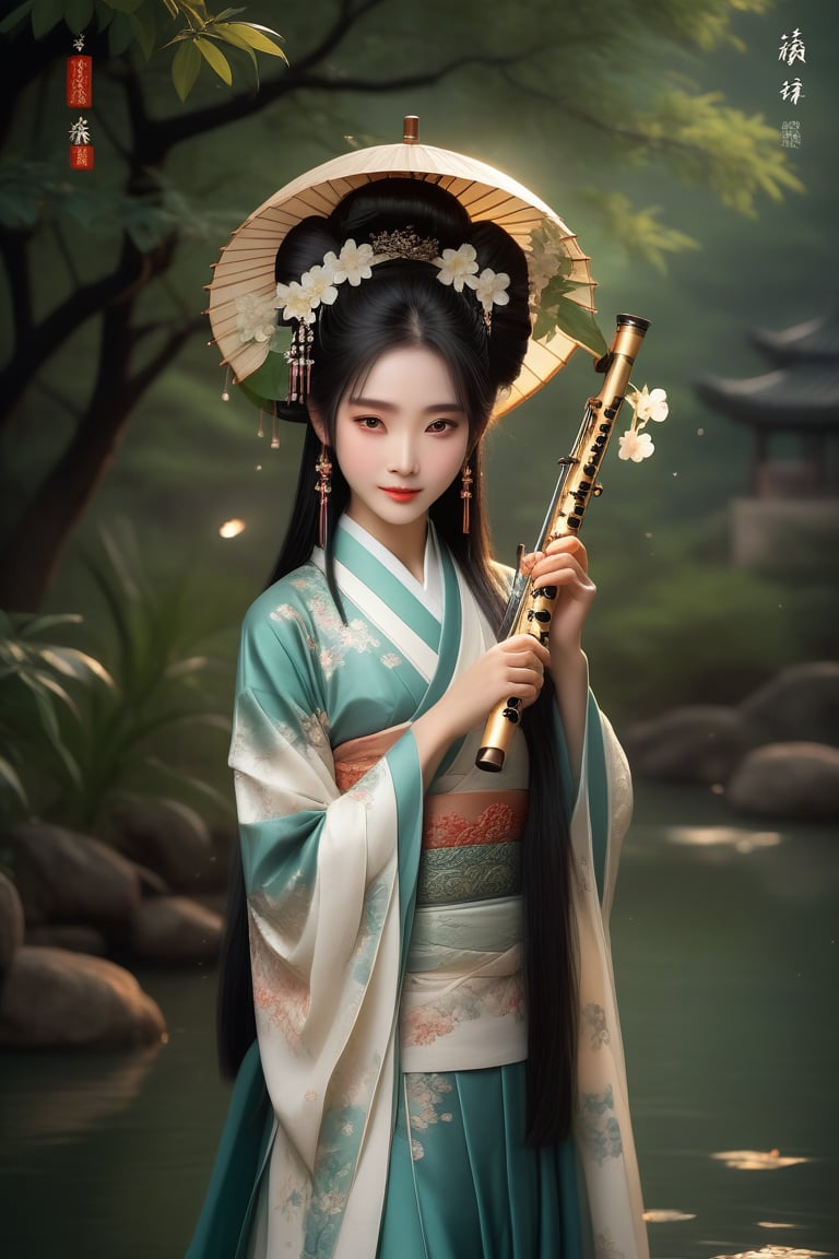 Close-up of a stunningly beautiful girl, Chinese Han Dynasty girl, with big eyes and long eyelashes that make her eyes more lively and beautiful, wearing Han Dynasty clothes and hairstyle, with stunning black hair and long Thick eyelashes, holding a delicate bouquet of jasmine flowers on her fingers. When she looked directly at the audience, she smiled. Her whole body exuded an otherworldly light, and every contour and object on her body seemed to be illuminated by light and sparkle. She couldn't help but play the musical instrument ((flute)) on the spot, which was very elegant and soft. After dancing, she took the paper umbrella and prepared to go back. In the quiet atmosphere of the summer night, the trees were tall, the river flowed quietly, and nocturnal creatures used it. Serenading them with gentle chirps and croaks, our protagonist is like a beacon of loveliness. In Vadimka's new style, every detail has been carefully crafted to create a realistic style that exudes elegance and wonder. (Masterpiece 1.2, 8K) Depth of field.,source_furry,score_5_up,score_6_up,score_7_up,score_8_up,score_9,han fu