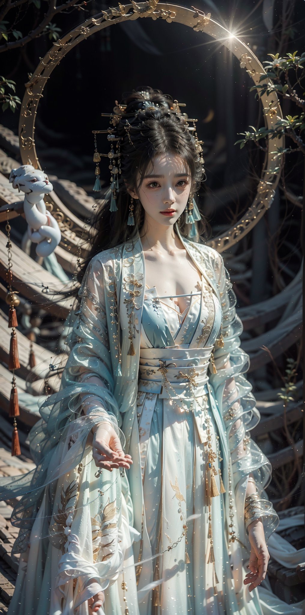 Under the ancient tree of the Han Dynasty, stood a beautiful woman with long black hair wearing Han costumes and a lily bun. Holding a pipa, a musical instrument from the Han Dynasty, she looked up at the crescent moon in the night sky with a smile, creating a mysterious atmosphere. The scene features contrasting lighting that highlights her stunning features and the peaceful expression on her face as she contemplates joy. The composition allows her to pose in cute and funny poses of joy, anger, sadness, and joy. The moon, ancient trees, ancient houses, ancient wells, ancient gardens, and ancient swings become the dramatic background. light and shadow. Ink design.