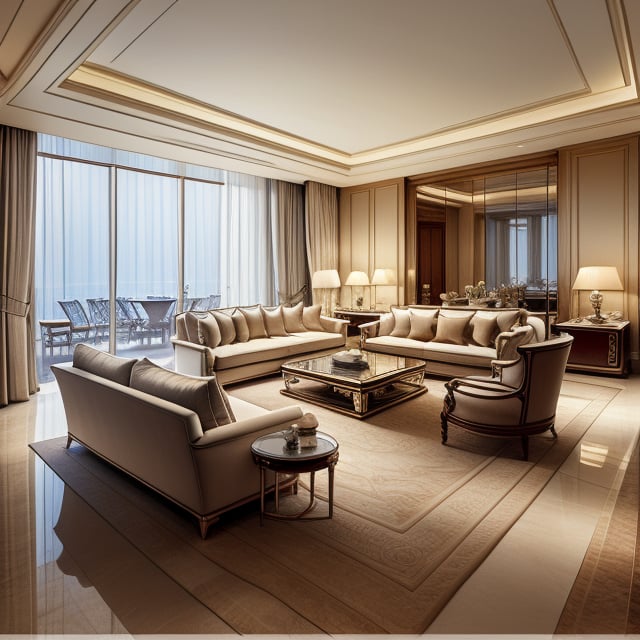 Interior masterpiece: A luxurious yet elegant Western-style presidential suite, fully equipped with every amenity. The room exudes opulence and sophistication, truly living up to its name as a presidential suite. Soft, warm lighting enhances the grandeur, highlighting the exquisite furnishings and intricate details. The composition showcases a spacious, well-appointed living area with plush seating, a grand dining table, and a lavish bedroom. The overall atmosphere is serene and inviting, with a perfect balance of modern luxury and classic elegance.,by leonardo da vinci,scifi,davincitech