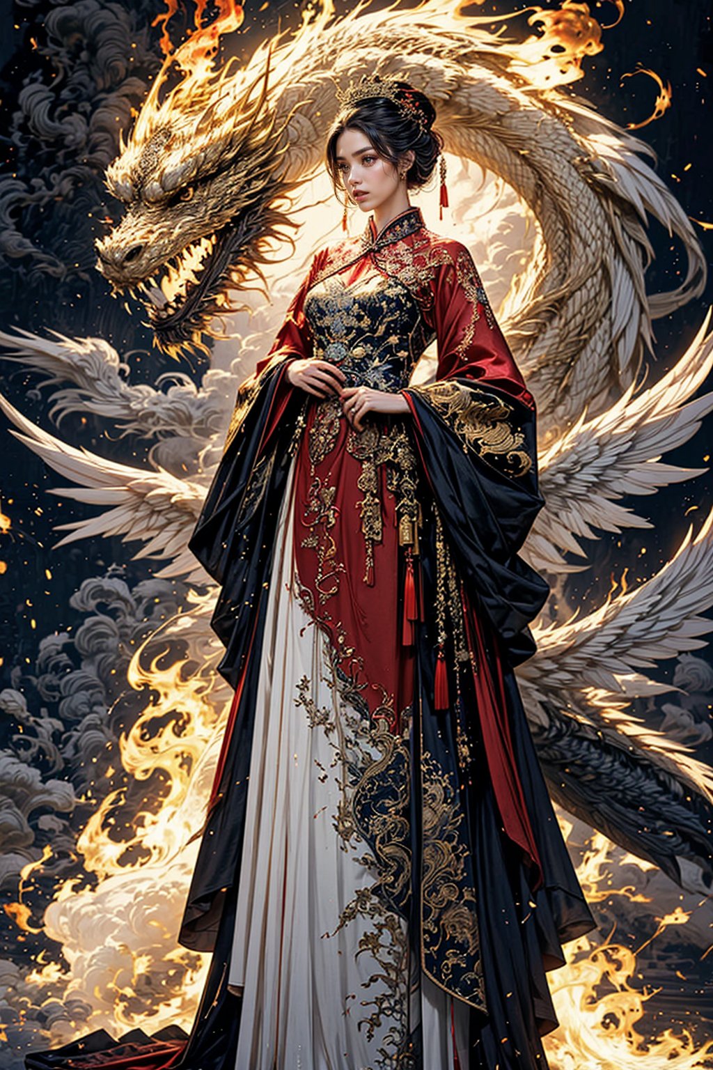 Full body shot of a character standing in majestic pose, hyper realistic representation of a fantasy chinese empress with the most sumptuous wedding hanfu dress made of black and (red:1.8) silk and richly embroidered with gold and silver threads, (wide sleeves:1.2), intricately carved golden badges and tassels, golden line, dark gothic cathedral background, fire and flame and clouds of smoke. Art by Yoshitaka Amano, Zhong Fenghua, stunning interpretive visual, gothic regal, colorful, realistic eyes, dreamy magical atmosphere, (film grain), (warm hue, warm tone), cinematic light, side lightings,zhongfenghua,horror (theme),dragon_aodai_nam,Angel,,<lora:659111690174031528:1.0>