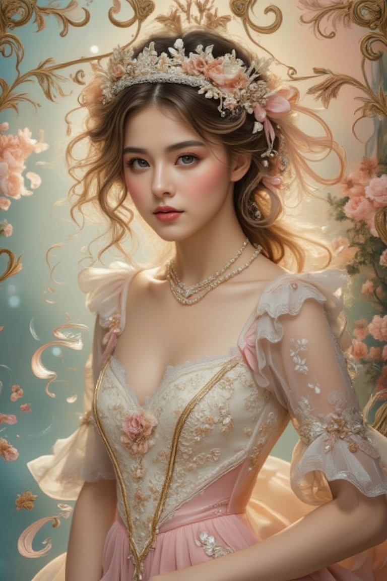 A most beautiful lady in a rococo art style, with delicate features, soft pastel colors, and intricate floral patterns. She wears an elegant, flowing gown with lace and ribbons, adorned with pearls and jewels. Her hair is styled in loose curls, with a delicate tiara or ribbon. The background features ornate, swirling patterns and soft, diffused light, creating a dreamy, romantic atmosphere.