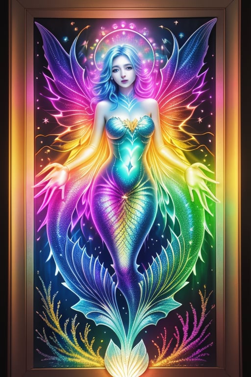 A stunning artwork featuring a beautiful mermaid with a luminous, LED line-art body, adorned with rainbow fluorescent lights. The background is an intricate ink design, with interplay of light and shadow creating depth. Glitter accents and rainbow bubbles add a magical touch. The piece is framed in a way that highlights the interplay of light, making the mermaid's form shine brilliantly. Inspired by Vadim Kass, the composition is a masterpiece of the highest quality, perfectly capturing the essence of radiant beauty and artistic brilliance.