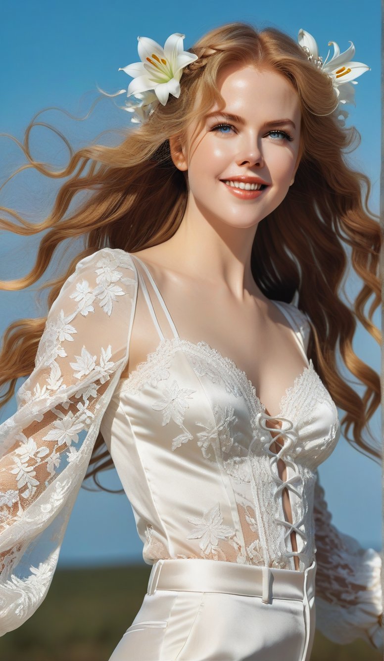 Close-up, young girl with light blue eyes, long thick eyelashes, she looks like 18-year-old Nicole Kidman, with messy hair, full body shot, wearing satin pants, standing, wearing beautiful white Dressed in mesh and lace, she danced to the music and looked very happy. There are also braids of lilies all over the sky, which are extremely beautiful. High quality. Modifiers: Alphonse Mucha, boris valejo dedecent illustration, Anne Boonchuy, art_booster, BlackworkStyleManityro, WOWAI, Expressiveh, Apoloniasxmasbox