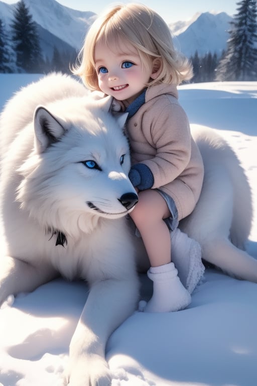 A little girl with blond hair and very fair skin. She is only 4 years old, but she grew up with a snow wolf with white fur and blue eyes. The snow wolf loves the little girl very much. He can put her to sleep and carry her on the grassland. The little girl always smiles happily. The little girl is extremely beautiful, with blue eyes, very lively, and long and thick eyelashes. To make her even more beautiful, she would often roll around on the grass with the snow wolf. The little girl wears all kinds of cute clothes. Outdoors, sunshine, mountains, trees, flowers, birds, butterflies. light and shadow. 