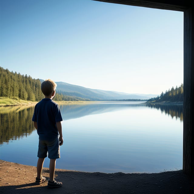 A young boy stands in the foreground, facing a serene lake. The scene is framed with the boy centered, looking out towards the calm waters. Soft, natural light illuminates the scene, casting a gentle glow on the boy's face and the tranquil lake. The background features a clear, blue sky reflected perfectly in the still waters of the lake. The composition emphasizes the peaceful interaction between the boy and the natural environment, capturing a moment of quiet contemplation.