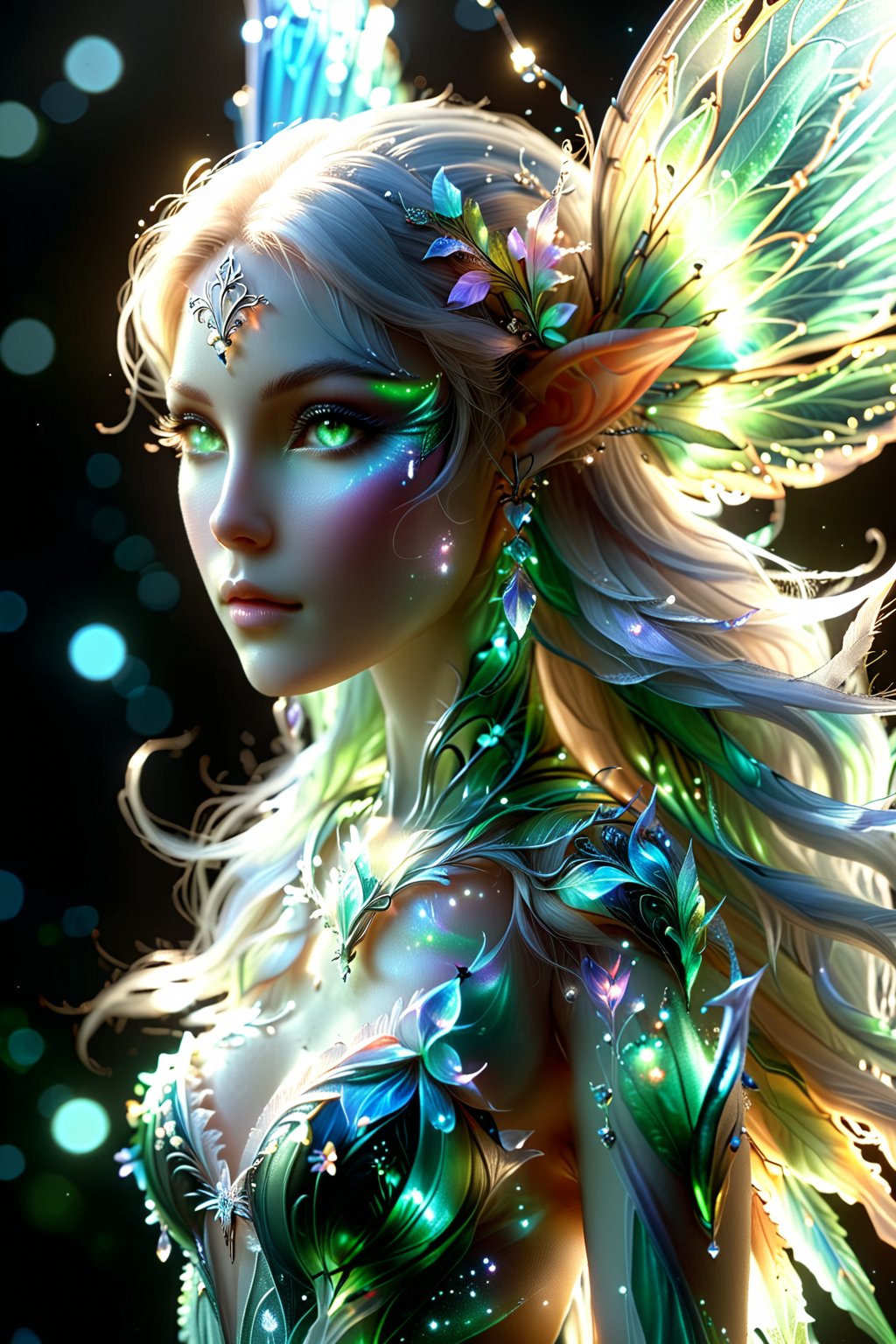 An amazing hybrid of fairy/alien/elf, fairies are extremely beautiful: the entire palette is dominated by black. light and shadow. whole body.
An extremely beautiful masterpiece, 8K