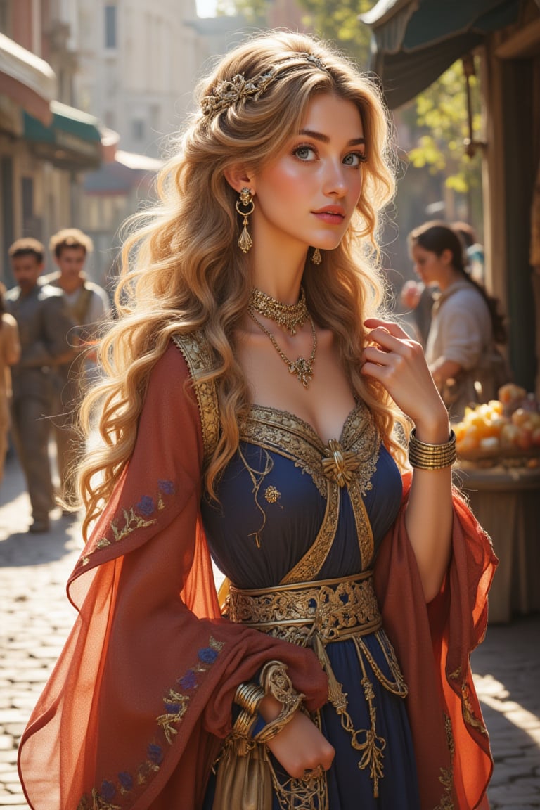 Stunning 8K CG masterpiece captures the essence of the bustling streets of ancient Rome. In the sun, in light and shadow, a very beautiful woman with fair skin, long flowing hair as soft as silk, wearing exquisite, luxurious, and precious clothing, poses in an authentic street stall. Her delicate face, smart eyes, long and thick eyelashes, and delicate nose are all displayed in detail. Her earrings, bracelets, gold bracelets, and rings seem to have come out of an art museum. Natural light gives her a beautiful glow, making her look even more beautiful. A delicate hand holds the vendor's goods, and her eyes seem to contain the secrets of this ancient city. Shadows dance precisely across the scene, adding depth and dimension to this ultra-detailed, realistic illustration.