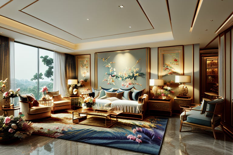 Luxurious interior design scene, the living room and the room have a transparent crystal wall as a partition, and the spacious room is equipped with elegant, high-style furniture. It includes a luxurious bed with bedside table (the bedding is made of high-grade silk), sofa, tea table, chairs, luxurious bookshelf, and out-of-print books. Paintings by ancient Chinese masters, stylish lamps, lush potted plants, large plasma TVs and expensive, sophisticated coffee tables. The color system is mainly blue. The flowers grown in decorative pots change every day: they are all bright and lively, making the room appear more vibrant. Luxurious, soft lighting should create a warm, inviting atmosphere and highlight the rich textures and fine details of the furniture. Between the living room and the rooms, there is a staircase in the corner of the living room that leads to the high-ceiling rooms above. Those are studios, all designed to be luxurious and technological. It also has an elegant taste. The owner also loves birds and keeps different birds. There is a bird garden dedicated to raising birds, which has trees, grass, and equipment needed by various birds. The composition should be balanced and capture a tranquil yet gorgeous atmosphere. High-quality official art style demonstrates meticulous attention to detail and flawless execution. Light and shadow allow each object to be expressed in the highest quality detail. Light and shadow. Movie high quality photography effects. Solo, unparalleled masterpiece.