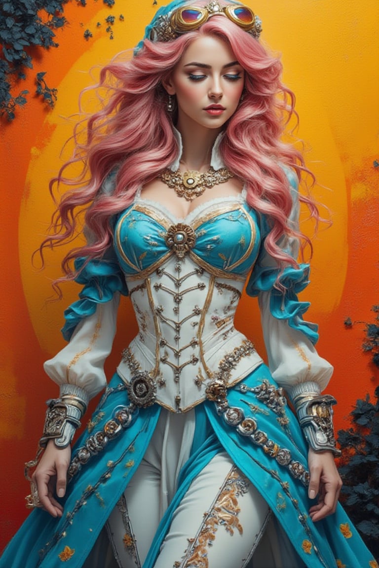 A beautiful acrylic model portrays a stunning woman with long wavy pink hair, dressed as a romantic queen of love, blending empress elegance with steampunk and cybernetic elements. She wears a striking blue dress with a white corset accentuating her waistline and a bright blue skirt for a playful touch. Steampunk accessories—gears, goggles, and metallic details—combine with cybernetic enhancements, giving her a futuristic edge. The background features an orange gradient with black and light yellow textures, creating a vibrant, dynamic atmosphere that highlights her commanding presence.