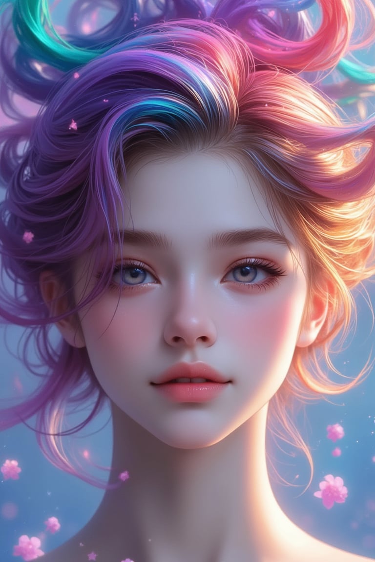 (Best Quality), (Realistic, Photorealistic: 1.2), (Masterpiece: 1.2), Anime Style, CG, Unity, 128K, Stunning, Fine Detail, Super Detailed, High Resolution, Surreal, ((Ultra Detailed)), ((highly detailed CG illustrations)), ((extremely delicate and beautiful)), (cute and beautiful delicate face, eyes, nose, and hands), movie lighting, movie composition, best shadows. A mesmerizing portrait of a vibrant rainbow-colored hair girl with piercing eyes, radiating confidence as she looks directly at the viewer from a swirl of inky stars. Warm smile. The air is filled with kinetic energy, passion itself has materialized, pouring out like a rain of ink. In the background, countless beautiful purple, pink, and light green flowers, suspended with delicate ink bubbles, lend an air of whimsy and showcase the artist's extraordinary skill and attention to detail.