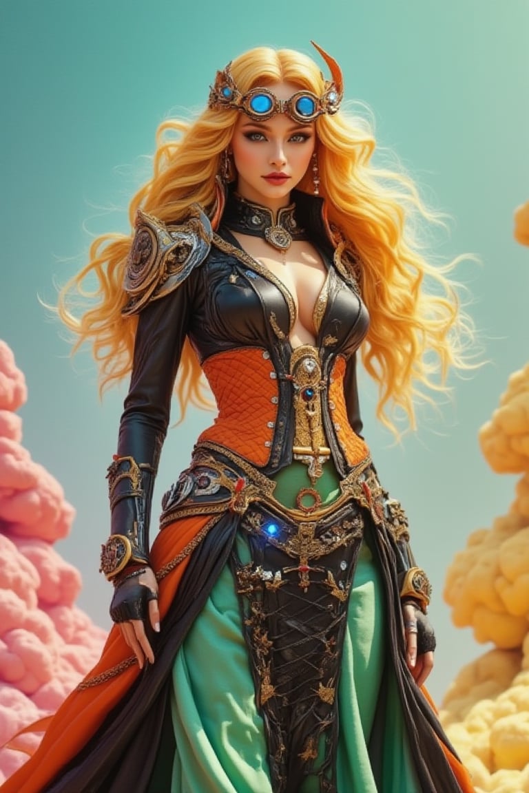 The beautiful acrylic model depicts a very beautiful woman with long wavy yellow hair, dressed as a romantic queen of love, blending the elegance of an empress with steampunk and cybernetic elements. She wears a striking black dress with an orange corset to highlight her waistline, and a light green skirt to add a playful touch. The costume features steampunk accessories - gears, goggles, and metallic details - combined with cybernetic enhancements to give her a futuristic edge. The background uses a light blue gradient color and light pink and light yellow complementary color textures to create a vibrant and dynamic atmosphere, highlighting her domineering power.