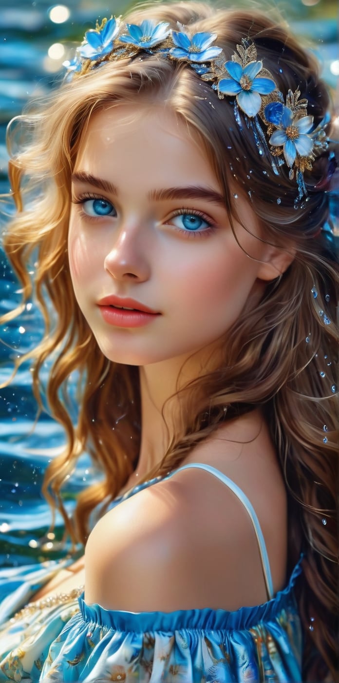 Masterpiece, HD, 8K, charming minimalist illustration of an 18-year-old girl. ((drawn from head to thigh)), low angle, delicate brushstrokes, long curly hair, high bangs, floral hair accessories, big and bright blue eyes, thin eyebrows, plump cheeks and lips, fair complexion, silk elegant. With a slender body, the painting emphasizes delicate colors. The girl shows off various poses of a professional model. The clothes she wears are beautiful and unique national costumes from various countries.
The background is water drops. The energetic, lively expression embodies the girl's magical presence. Feel. fractal art, glitter,BugCraft