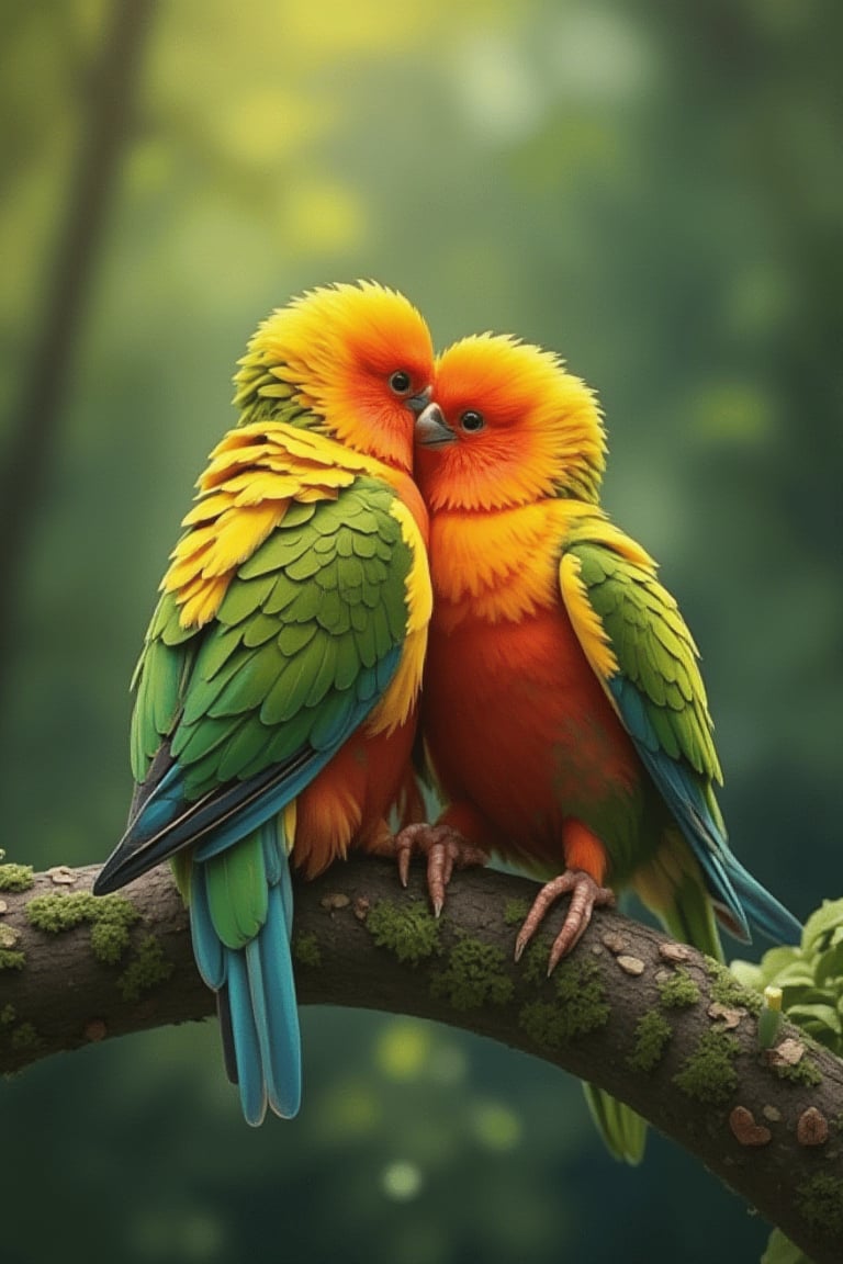 Simple background: On a branch of a tree, a young male parrot bird and a young female parrot bird engage in love movements. The male parrot rides on the back of the female, with his tail constantly moving. The little female parrot excitedly turns around and touches the young male's beak with her beak, creating a blush-inducing scene. High-quality, perfect bird body movements, super detailed, and superb photography from award-winning photography. The scene captures the natural, full-of-love behavior of nature, with light and shadow enhancing the masterpiece.