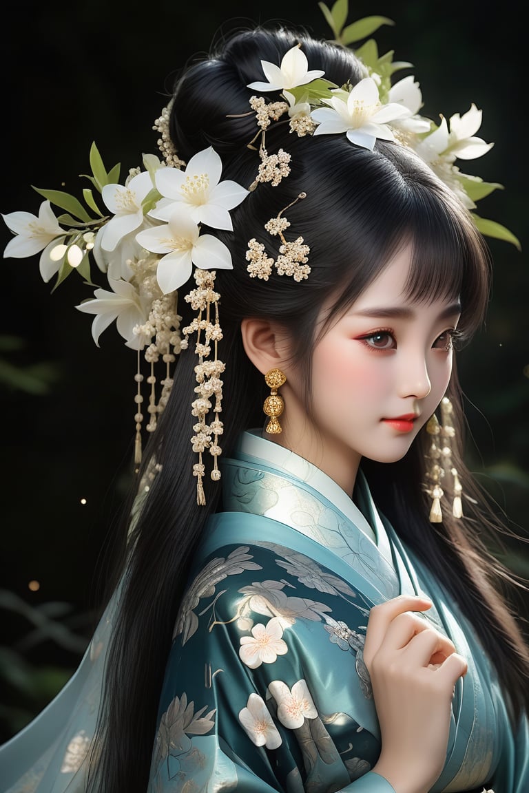 Close-up of a stunningly beautiful girl, Chinese Han Dynasty girl, with big eyes and long eyelashes that make her eyes more lively and beautiful, wearing Han Dynasty clothes and hairstyle, with stunning black hair and long Thick eyelashes, holding a delicate bouquet of jasmine flowers on her fingers. When she looked directly at the audience, she smiled. Her whole body exuded an otherworldly light, and every contour and object on her body seemed to be illuminated by light and sparkle. She couldn't help but dance a dance on the spot, which was very elegant and soft. After the dance, she took the paper umbrella and prepared to go back. In the quiet atmosphere of the summer night, the trees were tall, the rivers flowed quietly, and the nocturnal creatures sang and sang with their gentle calls. As croaks serenade them, our protagonist acts like a beacon of loveliness. In Vadimka's new style, every detail has been carefully crafted to create a realistic style that exudes elegance and wonder. (Masterpiece 2.0, 8K) Depth of field.,source_furry,score_5_up,score_6_up,score_7_up,score_8_up,score_9,han fu