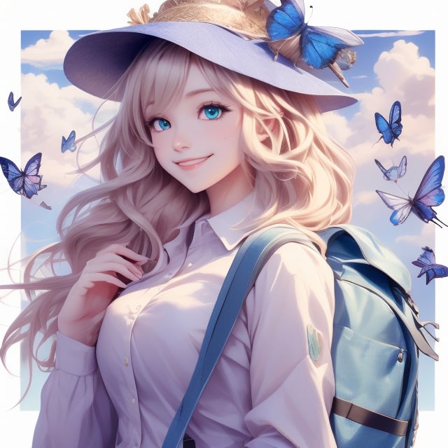 Close-up in anime style, a beautiful girl with big, lively eyes with long eyelashes, has beautiful long golden wavy hair with shiny texture, wearing a hat and carrying a backpack. . The girl is smiling directly at the audience. She is completely dressed in work clothes, but she is wearing the posture of a big star. All the lines of her body, including the objects on her body, are shining, just like LED lights, full of streamlined beauty. . She became the most visible target before the crowd. Blue sky and white clouds, green trees, quiet river, butterflies, dragonflies, birds and frogs seem to be playing a symphony. It reflects the beautiful wonders of summer night and is extremely beautiful. What a masterpiece. Light and shadow. The anime style details are extremely detailed and beautiful. whole body. Vadimka new style.,more detail XL,aesthetic portrait