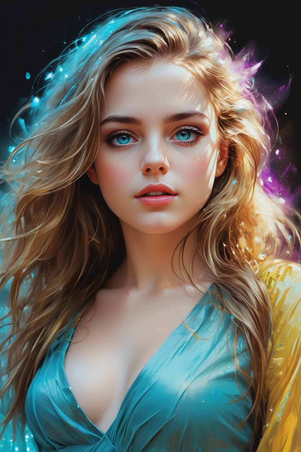 mj, RTX, 8k, HDR, best quality, cinematic story, (masterpiece), Andrey Atroshenko, Tanya Shatseva, Ross Tran, Anna Razumovskaya, art, realistic art, digital illustration, portrait, bright saturated colors, girl's turquoise eyes Big and lively, with long and dense eyelashes, the eyes seem to be able to speak and be lively, attracting the eyes of all viewers. And the beautiful long wavy hair, as golden as silk, flutters in the wind, showing extremely flamboyant beauty. Inappropriate. Stunning beauty.
Digital art, light and shadow art are also integrated into all of them. Vivid narrative realism, art by Carne Griffiths and Wadim Kashin