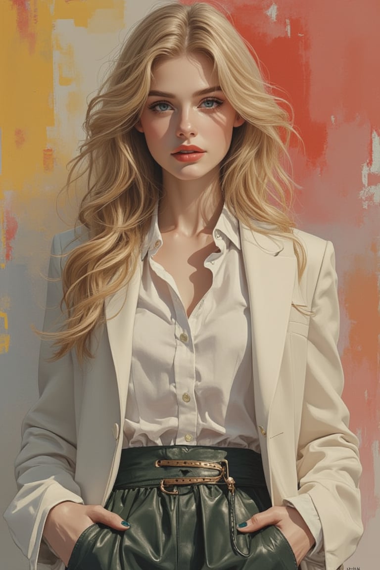 A beautiful European beauty with a tall, sexy, and well-proportioned figure, dressed in fashionable clothes with a stylish, aristocratic feel that is both casual and elegant. The artwork features a detailed, realistic depiction in watercolor and gouache, showcasing a lifelike quality and masterpiece status. The 128K resolution captures colored light wavelengths, attractive reflections, and a fine gouache sketch in the center. The modern art style highlights the beauty's allure and sophistication.