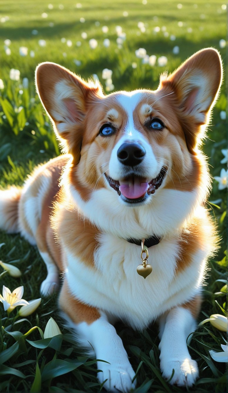 Close-up, a cute dog with light blue eyes and long thick eyelashes. She is a 2-year-old Corgi with messy hair. Full body shot. She is lying on the grass with her belly facing the sky and her smart eyes. Looking at the audience, looking happy. There are also braids of lilies all over the sky, which are extremely beautiful. High quality. Modifiers: Alphonse Mucha, boris valejo dedecent illustration, Anne Boonchuy, art_booster, BlackworkStyleManityro, WOWAI, Expressiveh, Apoloniasxmasbox