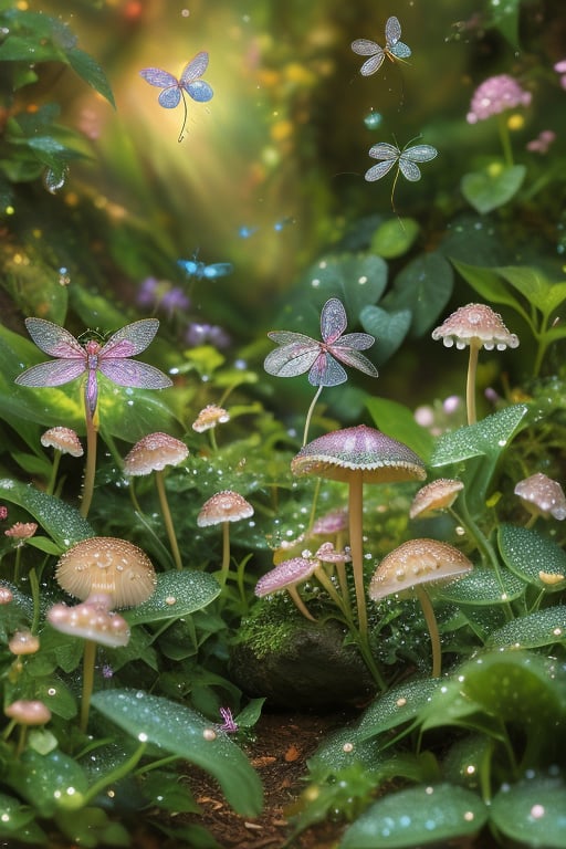 Create an enchanting whimsical fairy garden scene, where delicate plants and tiny mushrooms are adorned with sparkling dewdrops under a soft morning light. The composition focuses on a cluster of glittering dragonflies hovering playfully around, their wings shimmering with iridescent colors. The setting is a lush, hidden corner of a forest, filled with magical charm and serenity.