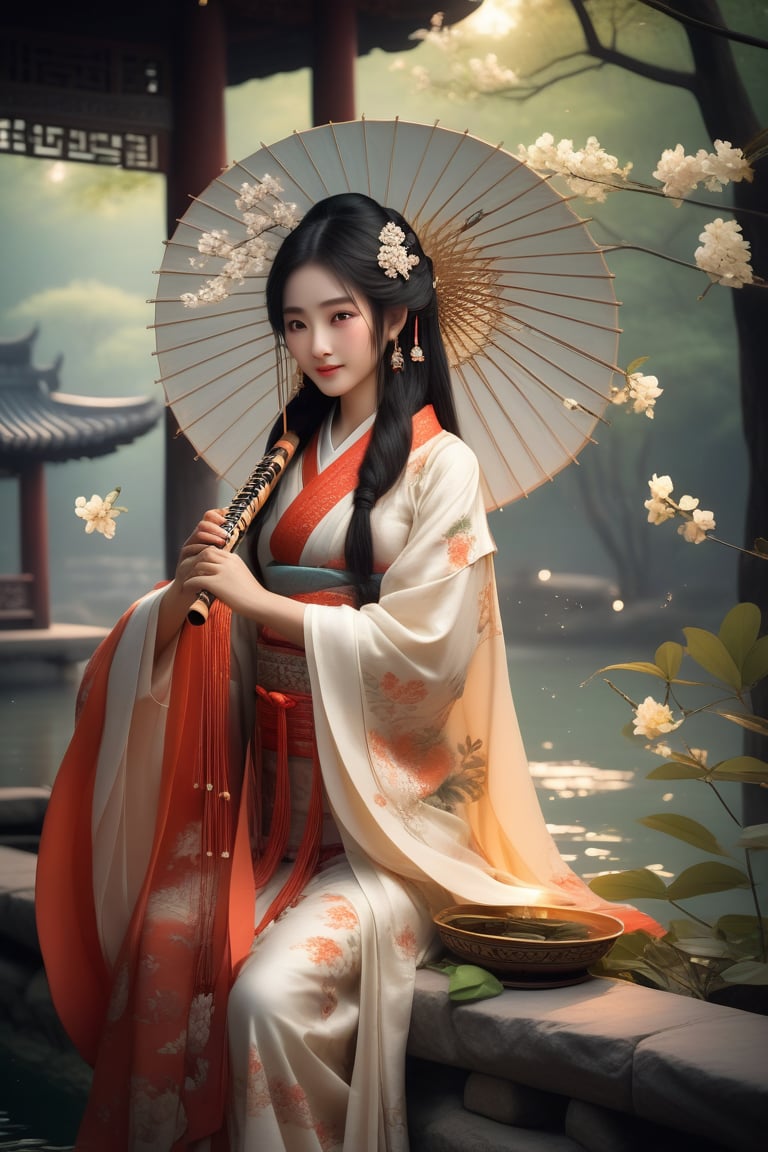 Close-up of a stunningly beautiful girl, Chinese Han Dynasty girl, with big eyes and long eyelashes that make her eyes more lively and beautiful, wearing Han Dynasty clothes and hairstyle, with stunning black hair and long Thick eyelashes, holding a delicate bouquet of jasmine flowers on her fingers. When she looked directly at the audience, she smiled. Her whole body exuded an otherworldly light, and every contour and object on her body seemed to be illuminated by light and sparkle. She couldn't help but play the musical instrument ((flute)) on the spot, which was very elegant and soft. After dancing, she took the paper umbrella and prepared to go back. In the quiet atmosphere of the summer night, the trees were tall, the river flowed quietly, and nocturnal creatures used it. Serenading them with gentle chirps and croaks, our protagonist is like a beacon of loveliness. In Vadimka's new style, every detail has been carefully crafted to create a realistic style that exudes elegance and wonder. (Masterpiece 1.2, 8K) Depth of field.,source_furry,score_5_up,score_6_up,score_7_up,score_8_up,score_9,han fu