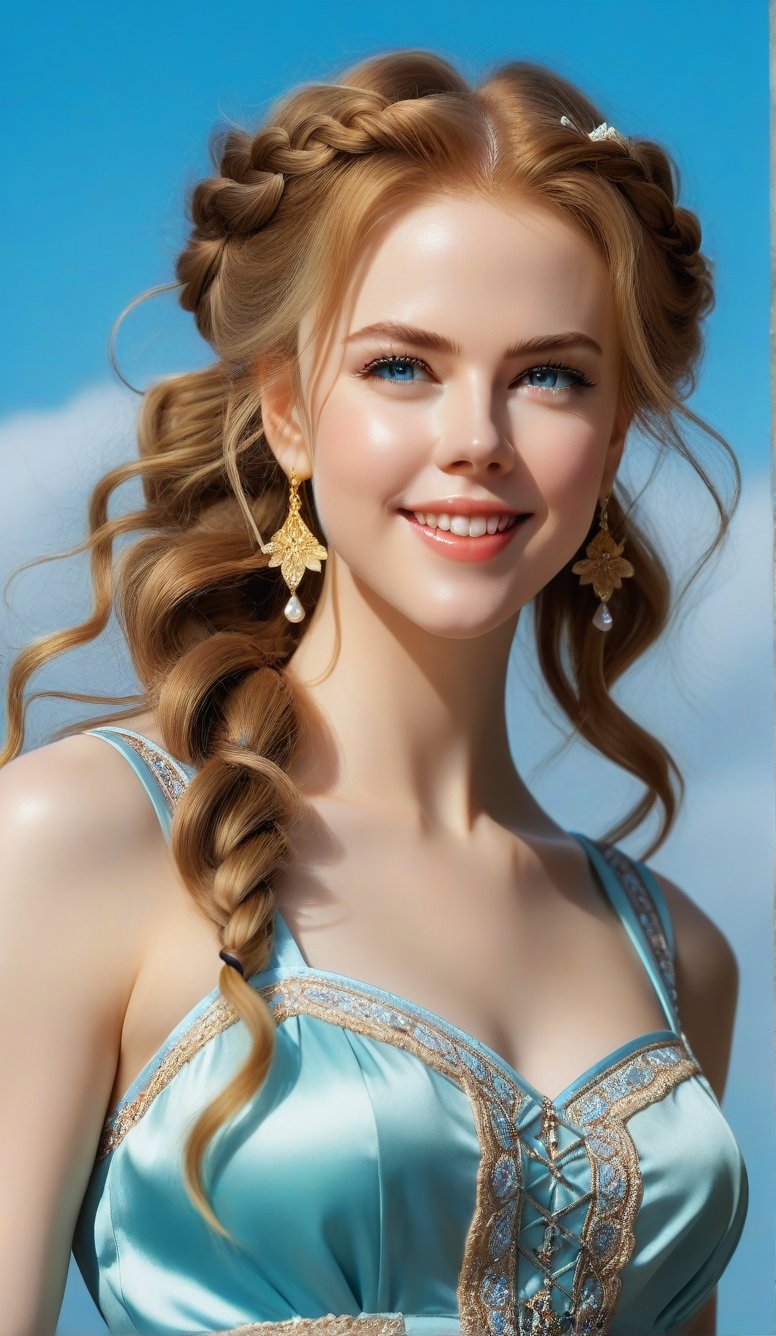 Close-up, young girl with light blue eyes, long thick eyelashes, she looks like 18-year-old Nicole Kidman with messy hair, full body shot, wearing satin pants, standing, beautiful in various colors Wearing beautiful little dresses and casual wear in popular styles, she danced to the music and looked happy. There are also braids of lilies all over the sky, which are extremely beautiful. High quality. Modifiers: Alphonse Mucha, boris valejo dedecent illustration, Anne Boonchuy, art_booster, BlackworkStyleManityro, WOWAI, Expressiveh, Apoloniasxmasbox