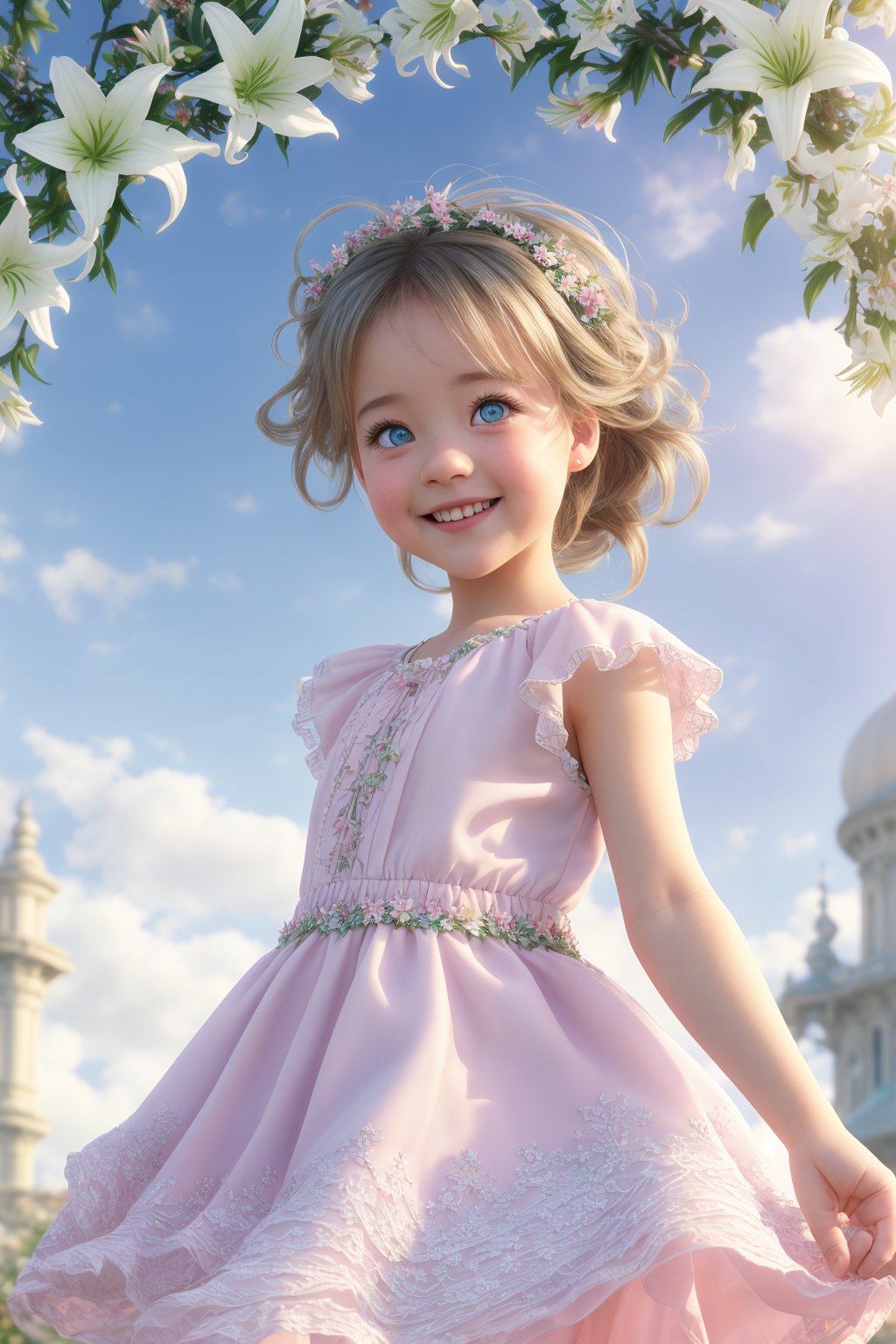 A high-quality, close-up, full-body shot of a young girl with striking light blue eyes and long, thick eyelashes, reminiscent of an 18-year-old Nicole Kidman. Her hair is delightfully messy, adding to her youthful charm. She is dressed in a variety of beautiful little dresses and casual wear, all in popular styles, showcasing her elegance and style.

The scene captures her standing and dancing joyfully to the music, her happiness radiating through her expressive face and graceful movements. Above her, the sky is adorned with intricate braids of lilies, creating a breathtaking, ethereal backdrop that complements her beauty.

The illustration is inspired by the artistic styles of Alphonse Mucha, Boris Valejo, and Anne Boonchuy, blending their unique aesthetics to create a visually stunning and expressive piece. The use of BlackworkStyleManityro, WOWAI, and Expressiveh enhances the detail and impact of the artwork, while Apoloniasxmasbox adds a touch of festive elegance.

This masterpiece combines various artistic influences to create a harmonious and captivating image, highlighting the girl's beauty and the enchanting atmosphere of the scene.