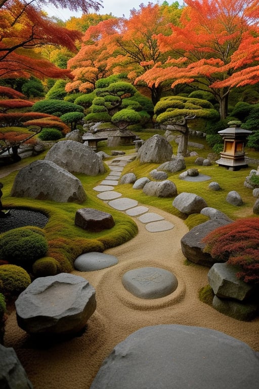 Create an image of a serene Japanese Zen garden in autumn. The garden features carefully arranged rocks, raked sand, and lush moss, surrounded by vibrant orange and red maple trees. The scene is framed with a gentle morning light, highlighting the tranquility of the space. Compositionally, focus on the balance between the natural elements and the meticulously maintained garden features. The overall atmosphere is peaceful and contemplative, inviting the viewer to appreciate the beauty of the season.