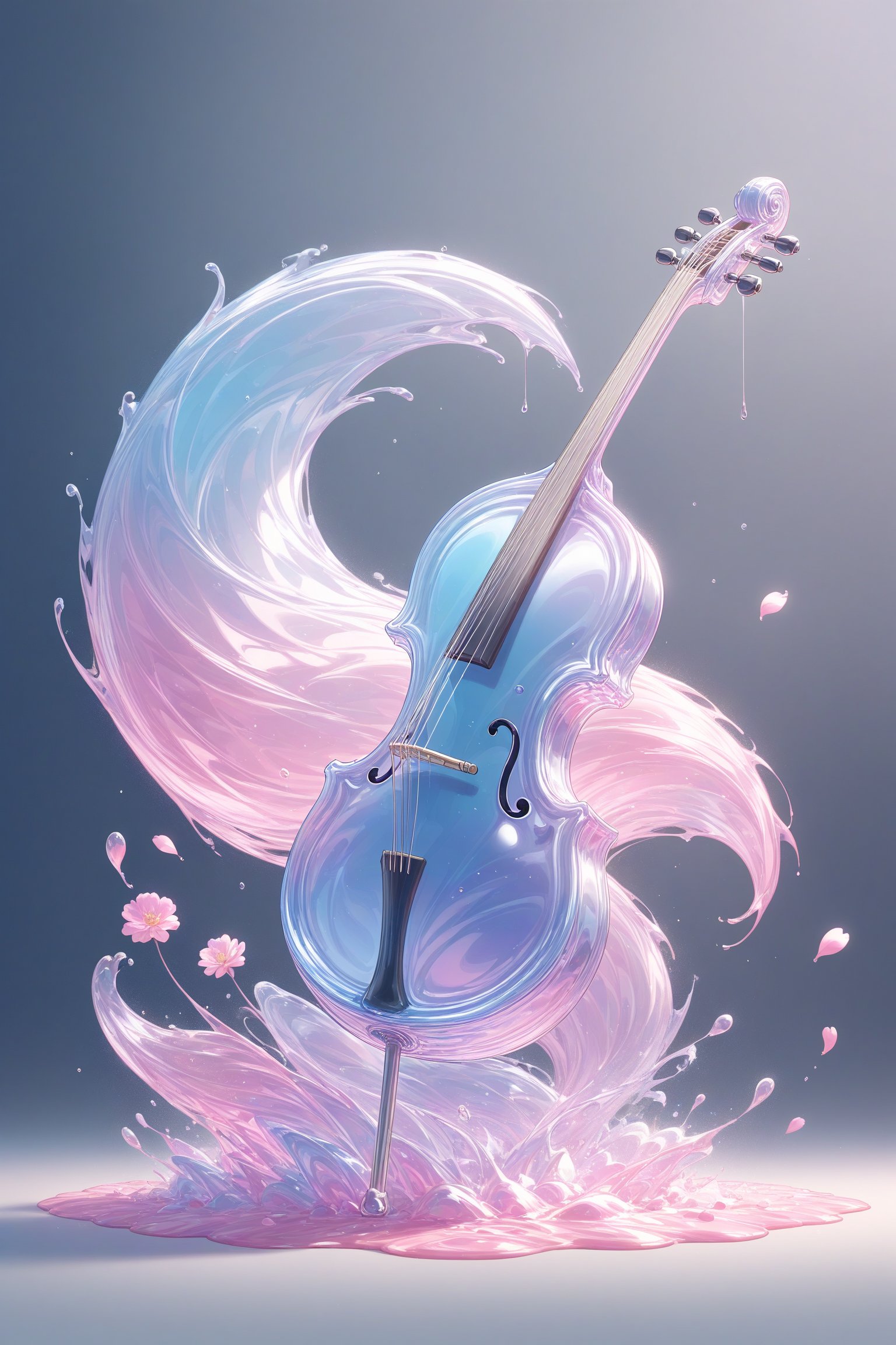 {Elegant crystal glass cello with beautiful curves filled with marbled pink and white liquid forming the shape of a fox. Foxes have fur and texture. Smooth animal silhouettes with wavy dynamic movement. Pastel petals float around the vase. }