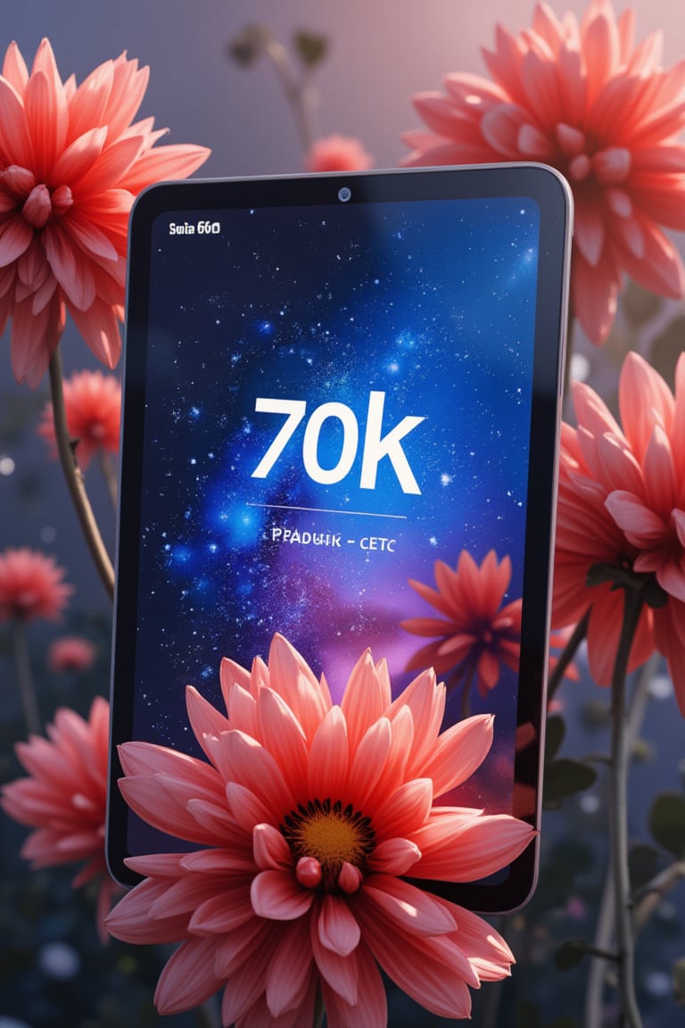 Digital art featuring an Apple iPad Pro m4 displaying the text 70K on the screen, set against a background of flowers. This best photo captures the essence of modern technology and natural beauty, creating a visually stunning and harmonious composition.