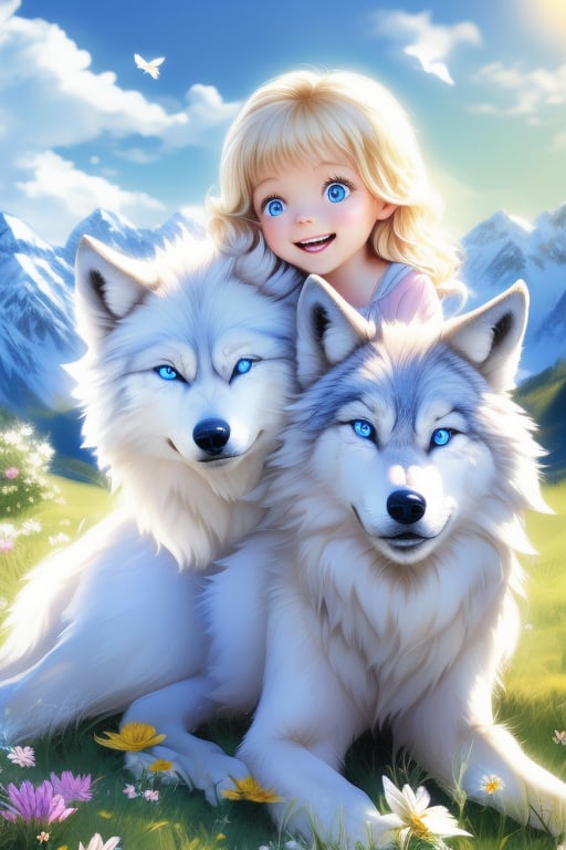 A little girl with blond hair and very fair skin. She is only 4 years old, but she grew up with a snow wolf with white fur and blue eyes. The snow wolf loves the little girl very much. He can put her to sleep and carry her on the grassland. The little girl always smiles happily. The little girl is extremely beautiful, with blue eyes, very lively, and long and thick eyelashes. To make her even more beautiful, she would often roll around on the grass with the snow wolf. The little girl wears all kinds of cute clothes. Outdoors, sunshine, mountains, trees, flowers, birds, butterflies. light and shadow.
