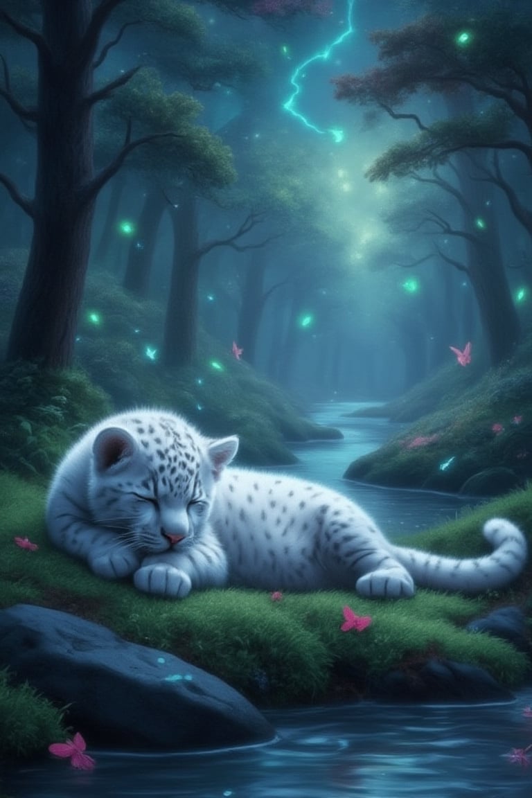 Ultra high definition illustration of a fluffy white panther cub sleeping in a magical forest, surrounded by beautiful trees and shrubs, by a riverside, with glowing butterflies and green glowing fireflies. Masterpiece, best image, best quality, ultra wide-angle shot, 8K UHD.