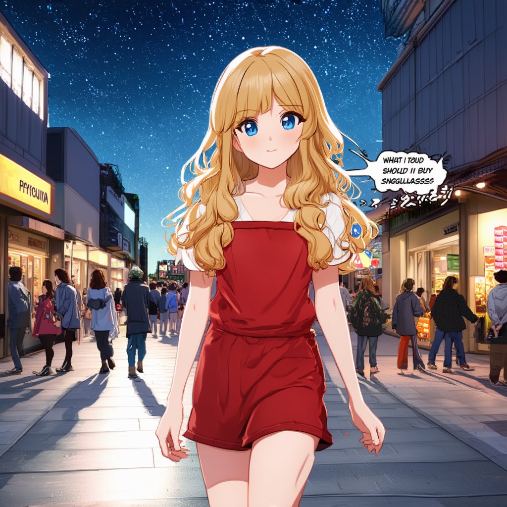 Stunning RTX, 8K HDR, beautiful Korean female supermodel girl, with big blue eyes, long thick eyelashes, beautiful long golden curly hair, the female supermodel went out to buy snacks, wearing casual clothes, walking on the street. As she walked, she thought: What should I buy today? A comic dialog box will appear on this screen, and the words in it are all about psychology. This is anime style. Picture perfect. Correct body structure, the girl is 175 cm tall. Very noticeable on the road. The girl thought again: (dialogue box) Should I wear sunglasses? Background: starry sky and brightly lit streets. There are many people passing by. Full of joyful atmosphere. Light and shadow.
Anime style. super masterpiece