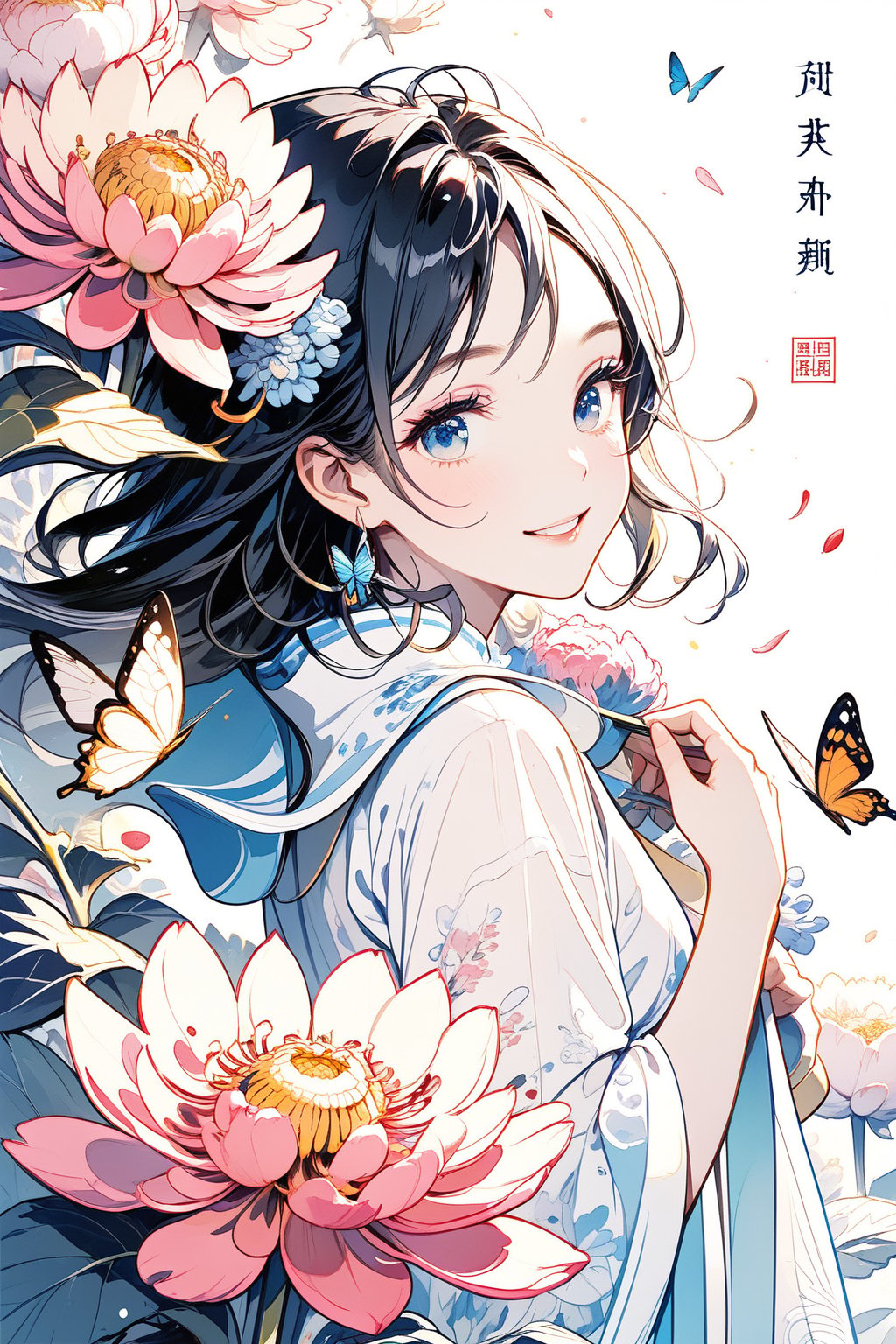 1girl, solo, looking at the audience, smiling, long blue-black hair, blue eyes with long and dense eyelashes (very bright and crystal clear), holding, flower, character name, Chinese text, no humans, pink peony flowers, bugs, butterflies, Blue flowers, yellow butterflies, white flowers, black chrysanthemums