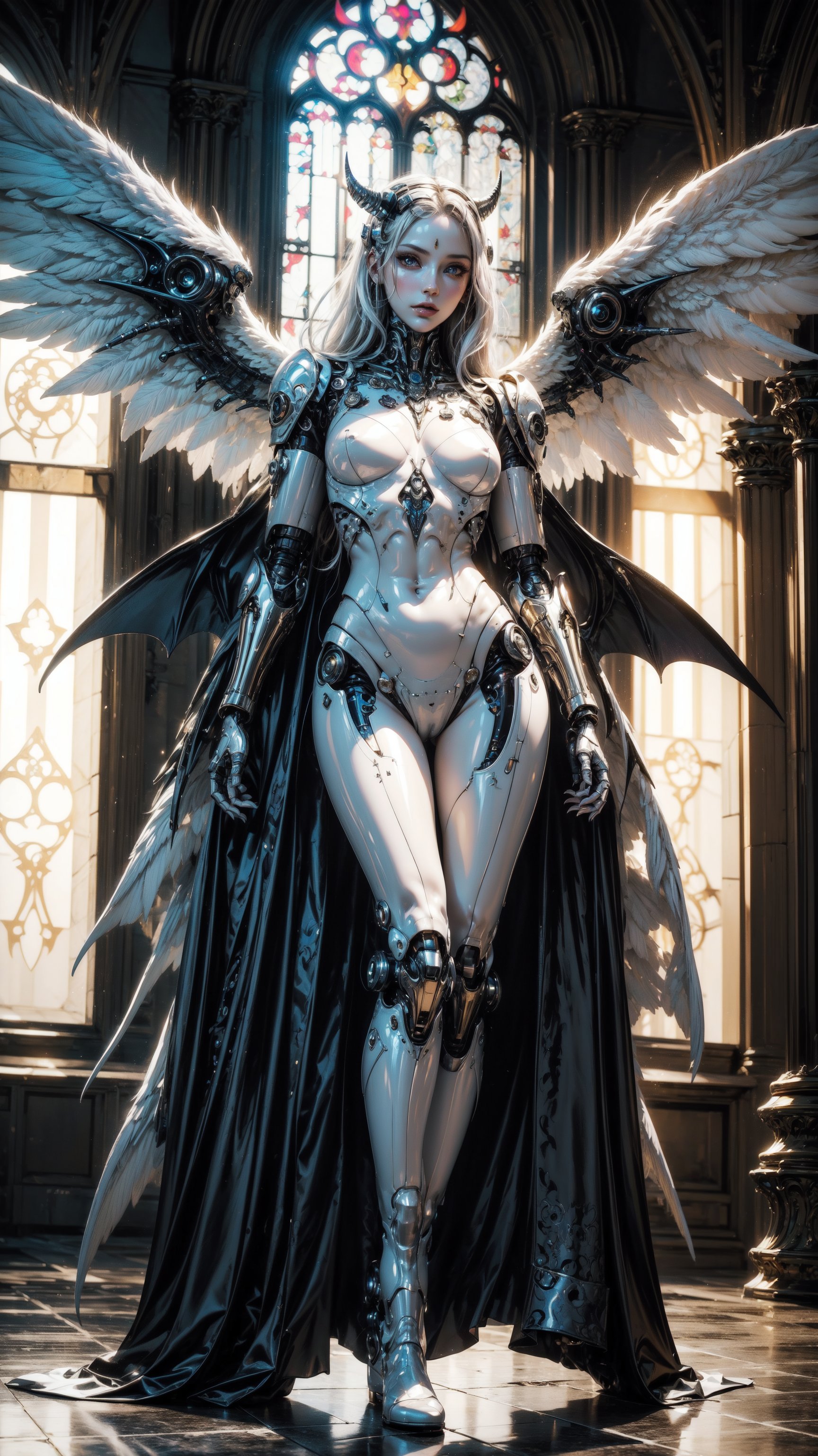 "Photorealistic image, cyborg succubus with ((white Glossy plastic skin)), glossy and reflective surface,  ((white demon wings)), rule of thirds composition, golden hour lighting, Inside Cathedral, high contrast,cyborg,dynamic Angle,Full Body