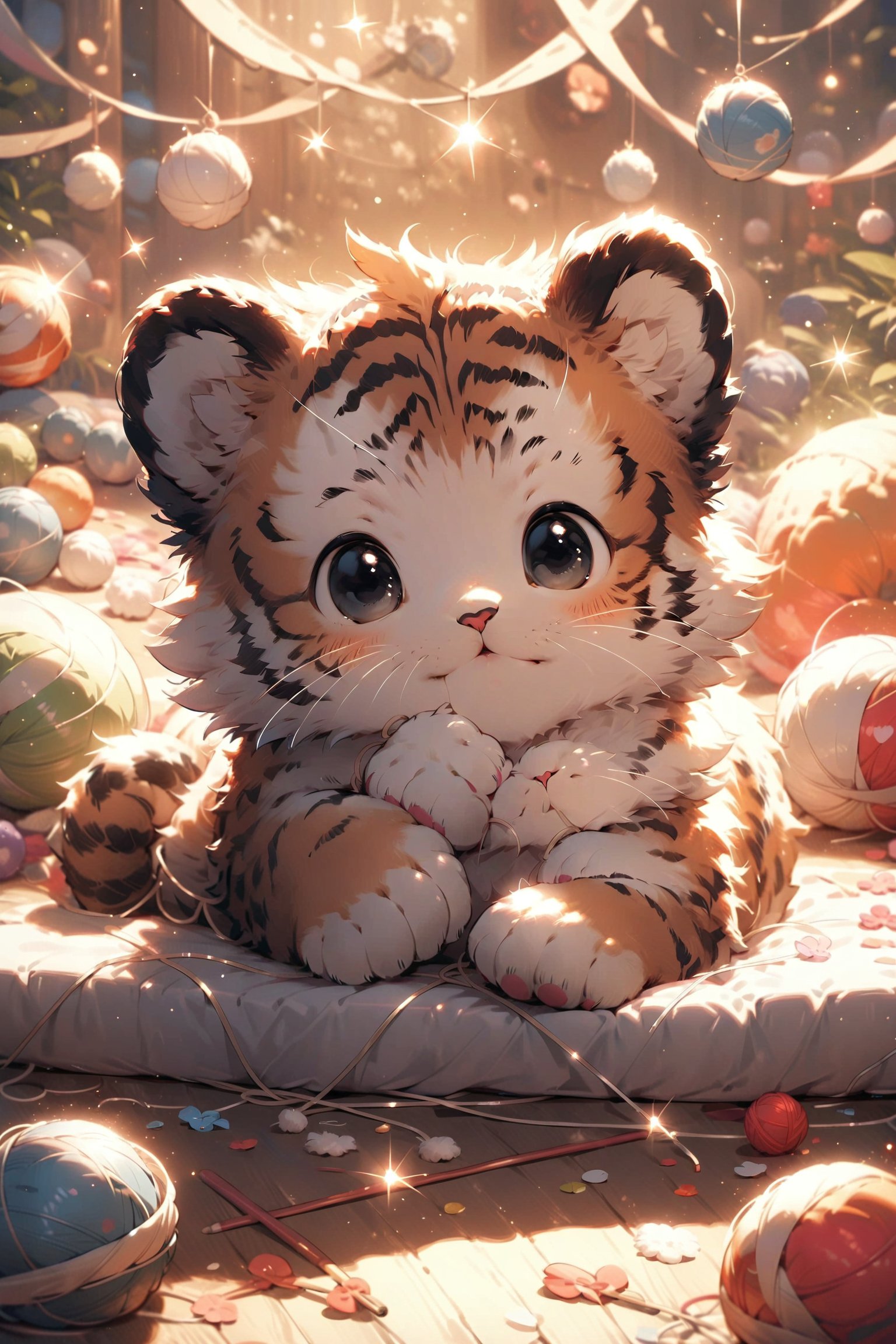 A charming picture of a young and cute little tiger yawning, looking sleepy and ready for a nap, snuggled up on a comfortable bed prepared by his owner. Next to it, it plays with a ball of yarn. The scene features soft, warm lighting that highlights the animal's intricate textures and smooth fur. The composition is designed to capture the adorable movements of cute animals, balls of yarn, creating a heartwarming masterpiece.,shiny,glitter