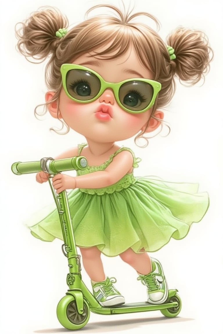 A simple background with a cute little girl, her hair tied in two braids. She wears stylish sunglasses and a beautiful green princess lace dress. Her Nike sneakers are visible as she plays with a green scooter, her lips slightly puckered in a cute pout. The scene is framed with a focus on her playful expression and the vibrant colors. Artwork is polished and refined, capturing the essence of a delightful moment.