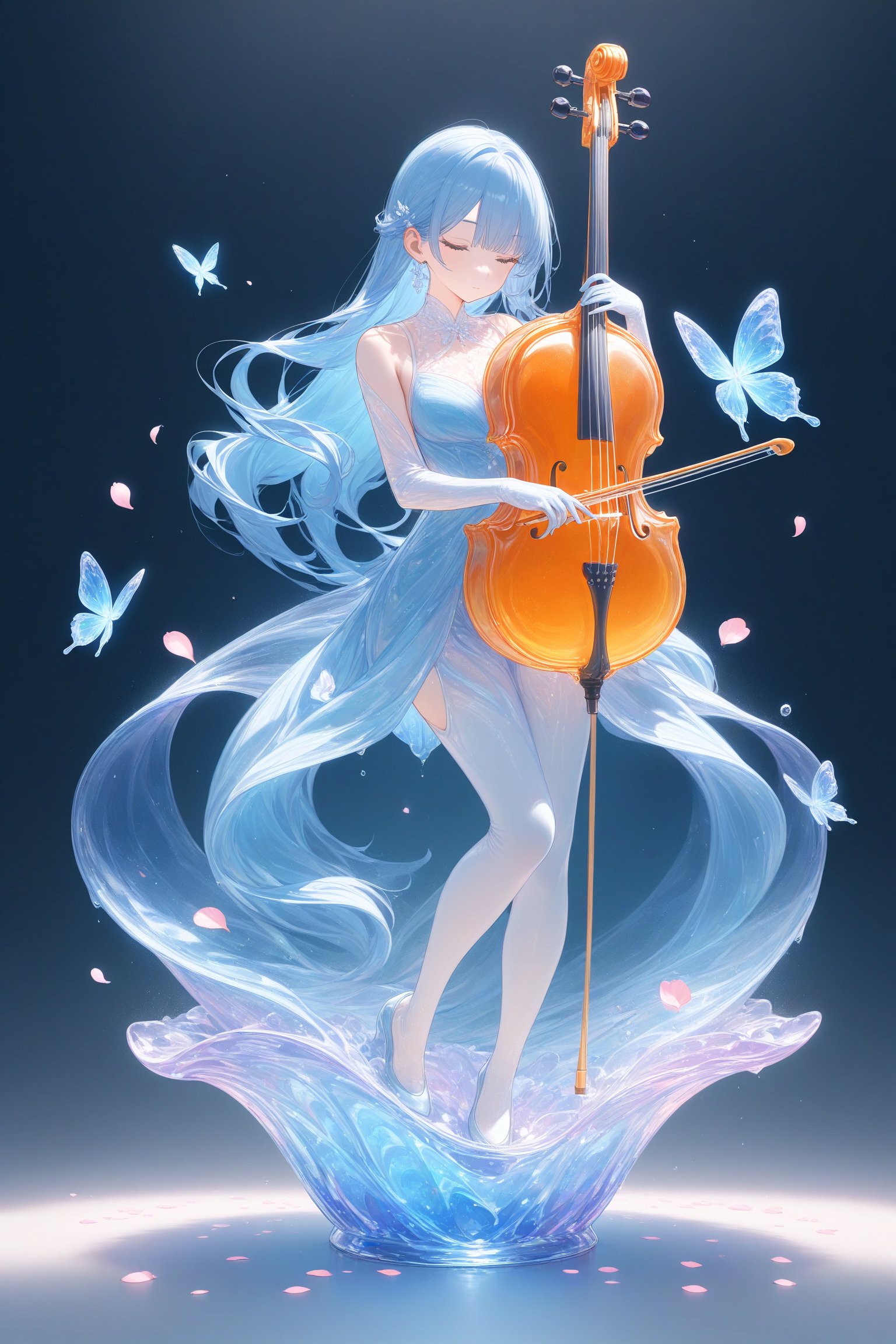 {Elegant crystal clear crystal glass cello with beautiful curves, filled with marbled light orange and white and blue liquid (transparent), forming the shape of a butterfly. Fox and texture. Smooth object contours and undulating dynamic movement. Pastel petals float around the vase. }