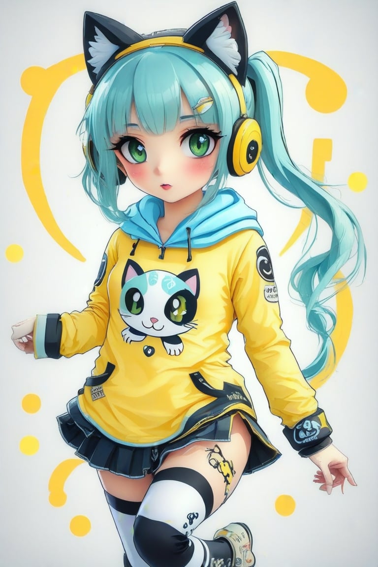 Taiwanese vtuber, 1girl, beautiful anime character, beautiful green eyes, air bangs, lollipop punk fashion, cute cartoon ello kitty shaped hoodie, cat earmuffs, pastel color clothes based on yellow and black , soft mood fashion, anime print shirt, gothic style tights, long combat boots, score_8, score_7_up, dal-7 style, blue mood, mood, modern art style, vspop, 2.5D three-dimensional style, illustration, ek_an1_b00ster