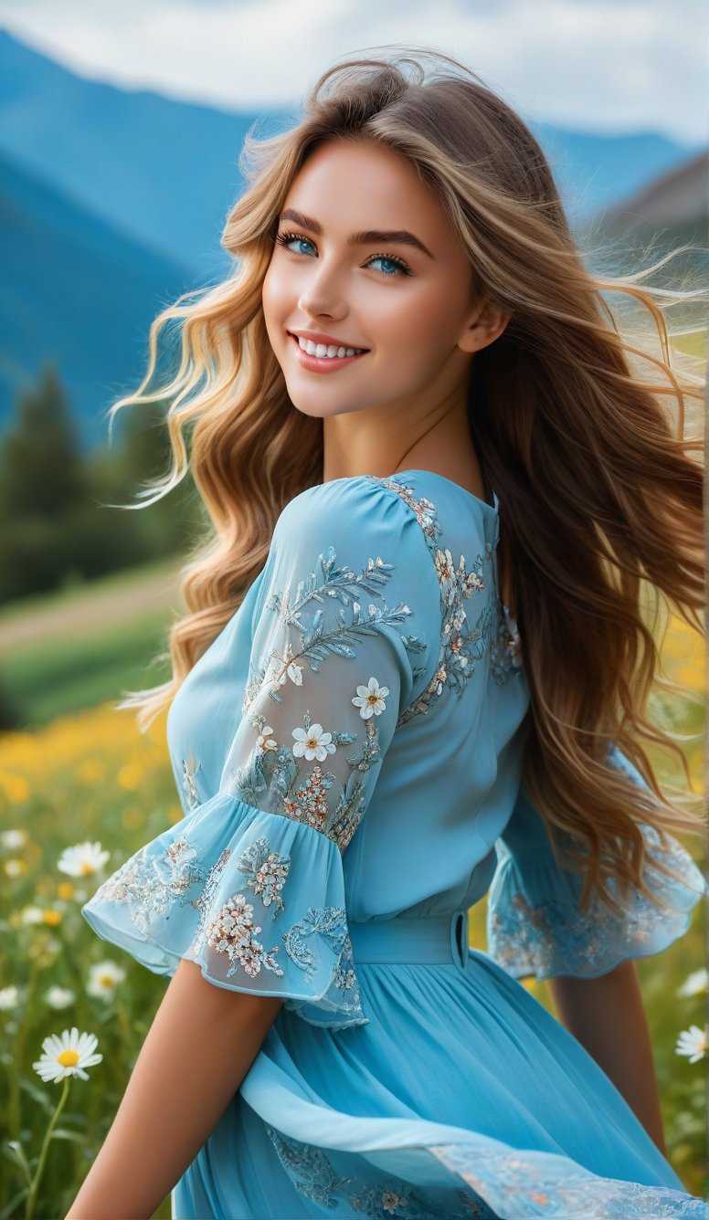 Close-up, young girl with light blue eyes, long thick eyelashes, she looks like 18-year-old Scarlett ohansson, with messy hair, full body shot, wearing beautiful casual clothes, standing, beautiful in various colors dressed beautifully Wearing little dresses and casual outfits in pop styles, she danced to the music and looked happy. There are also fields of mountain flowers behind, which are extremely beautiful. High quality. Modifiers: Alphonse Mucha, boris valejo dedecent illustration, Anne Boonchuy, art_booster, BlackworkStyleManityro, WOWAI, Expressiveh, Apoloniasxmasbox