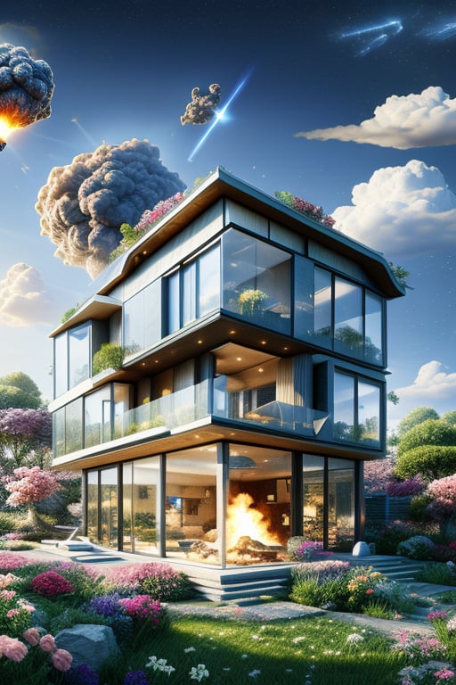 A beautiful single-family house, very modern. They are all made of glass and modern technological metal (fireproof, shockproof), gorgeous, shiny, and super detailed. But for unknown reasons, a fire exploded somewhere in the room, producing a mushroom-shaped fire, black smoke, and a lot of black smoke and black smoke. The clouds and the fire were so strong. The firetruck came a lot brighter. Panic, disaster relief. Starry sky, bright stars, clouds, flowers, trees, gardens, light and shadow, official art.
