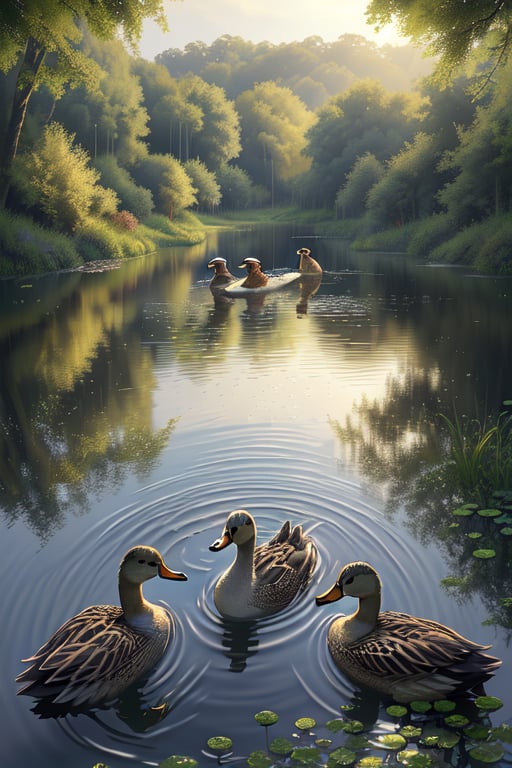 A serene image of a family of ducks swimming in a tranquil pond, the water reflecting the soft morning light. The composition captures the ducks in mid-stroke, their feathers glistening with droplets. The pond's edge is lined with lush greenery, enhancing the peaceful atmosphere. The framing focuses on the central group of ducks, with gentle ripples spreading outward, emphasizing the calm and harmonious scene.